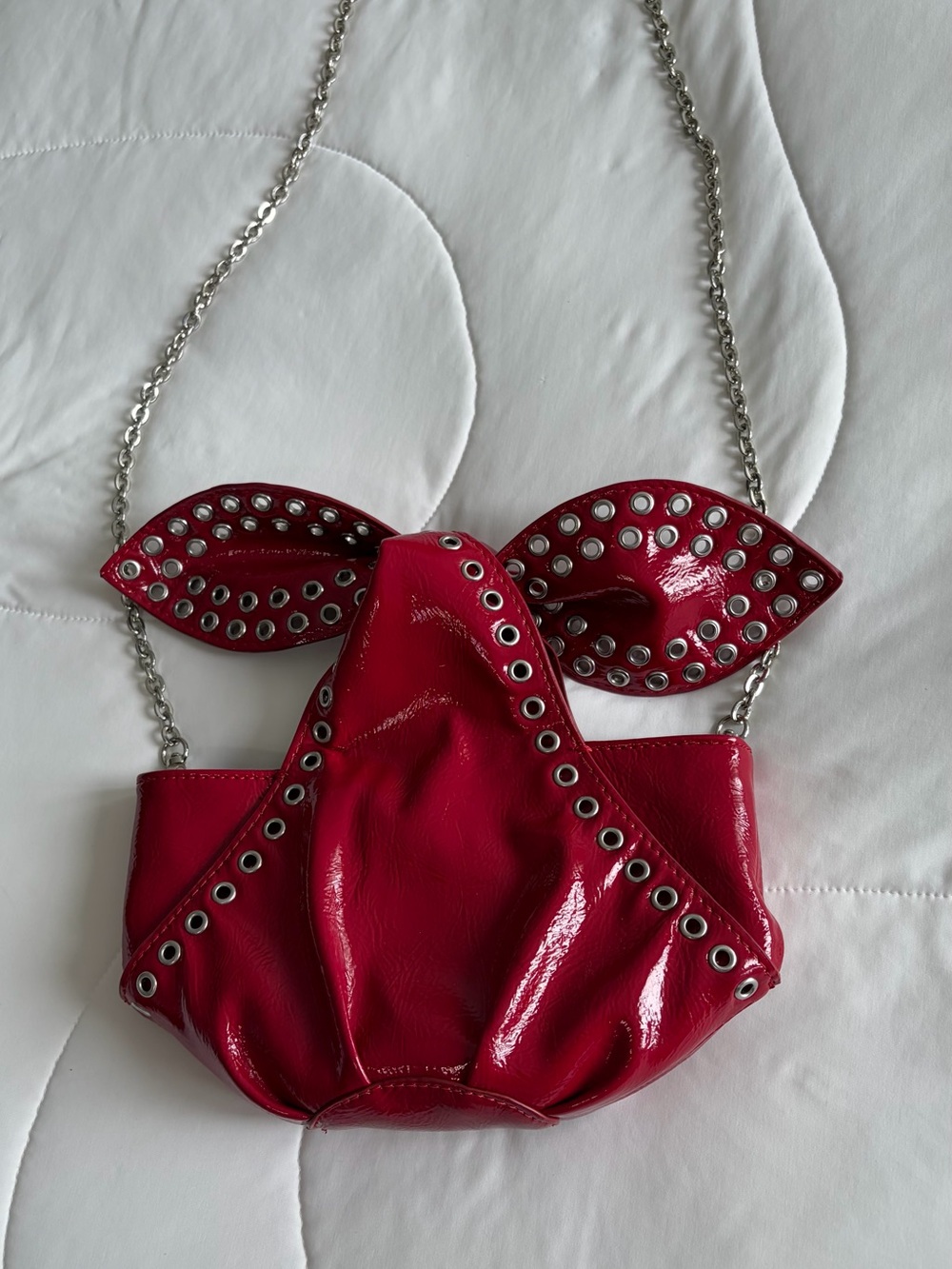Zara Bright Red Patent Eyelet-Trim Shoulder Bag with Chain Strap